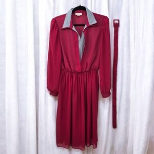 Rich Miss Vintage Red Cocktail Dress Gray Collar Long Sleeve Sheer Size 12 Union